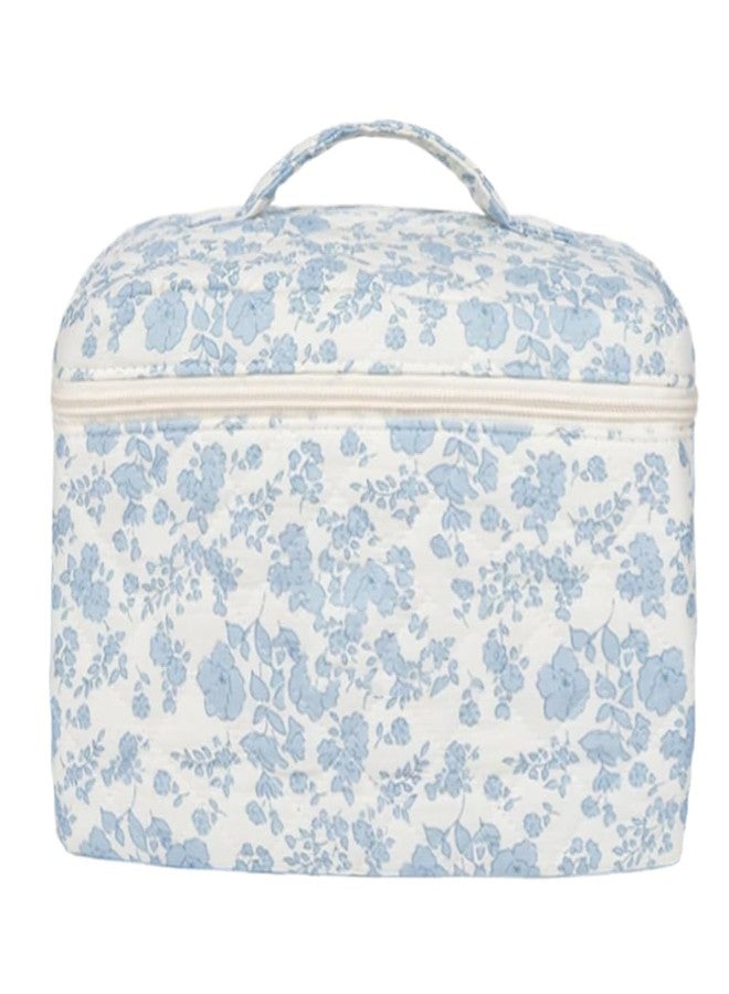 FITINI Travel Makeup Bag Large Quilted Cosmetic Pouch for Women Purse With Handle Zipper Cosmetic Brush Bags,Floral Blue - Image 1